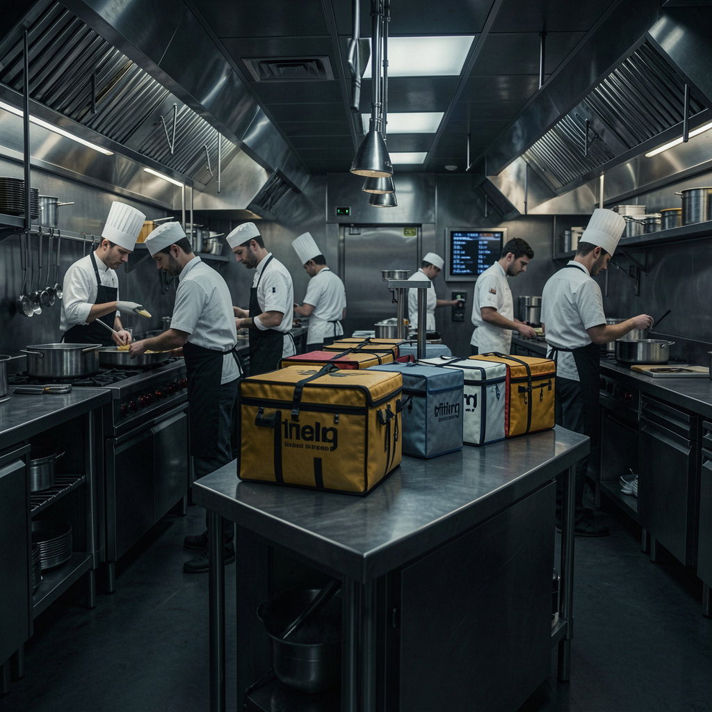A busy ghost kitchen with multiple delivery bags