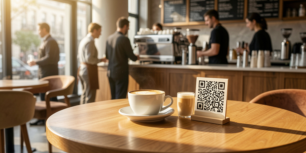 A modern cafe table with a clean QR code stand next to a coffee