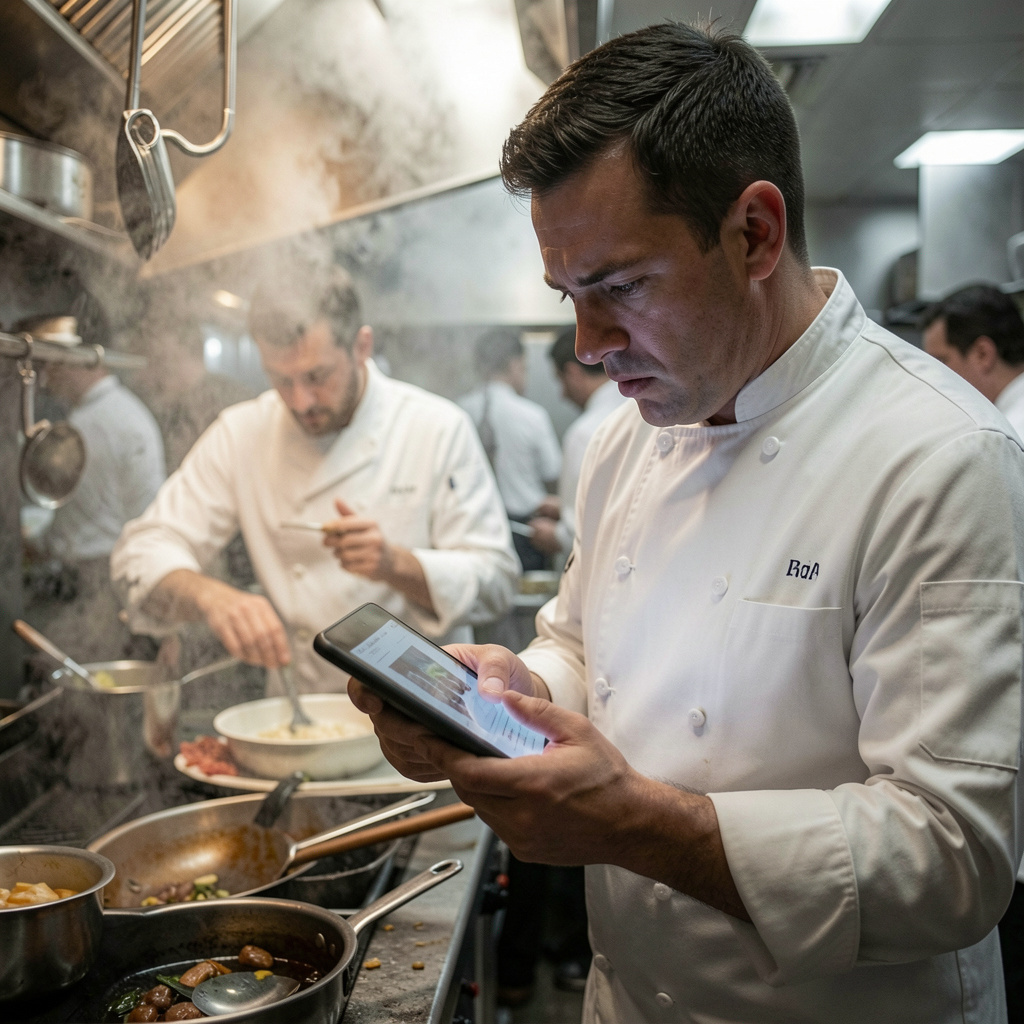 A chef looking at a tablet in a busy kitchen