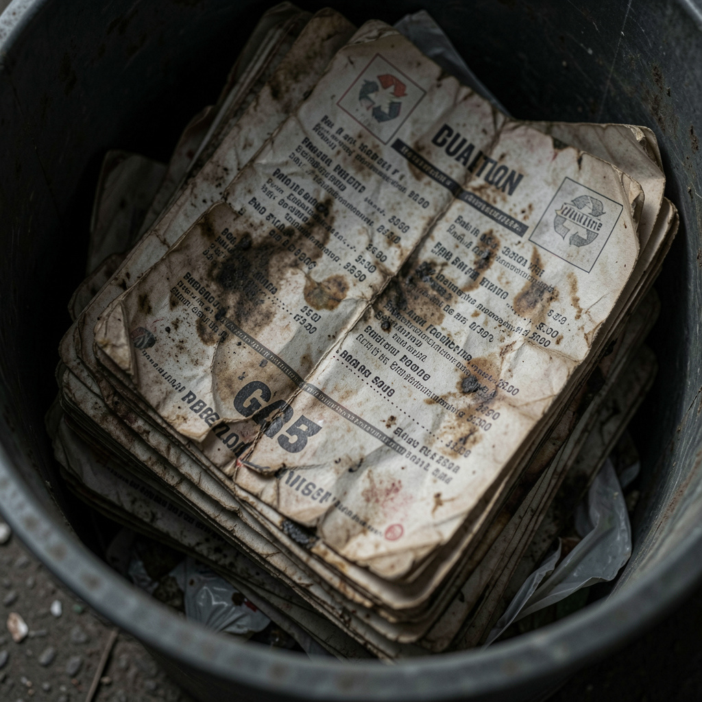 A stack of discarded, stained paper menus in a trash bin