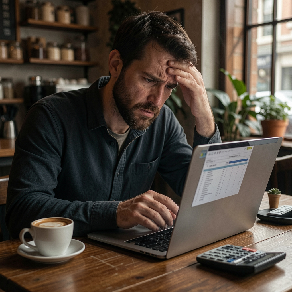A person reviewing expenses on a laptop with a coffee