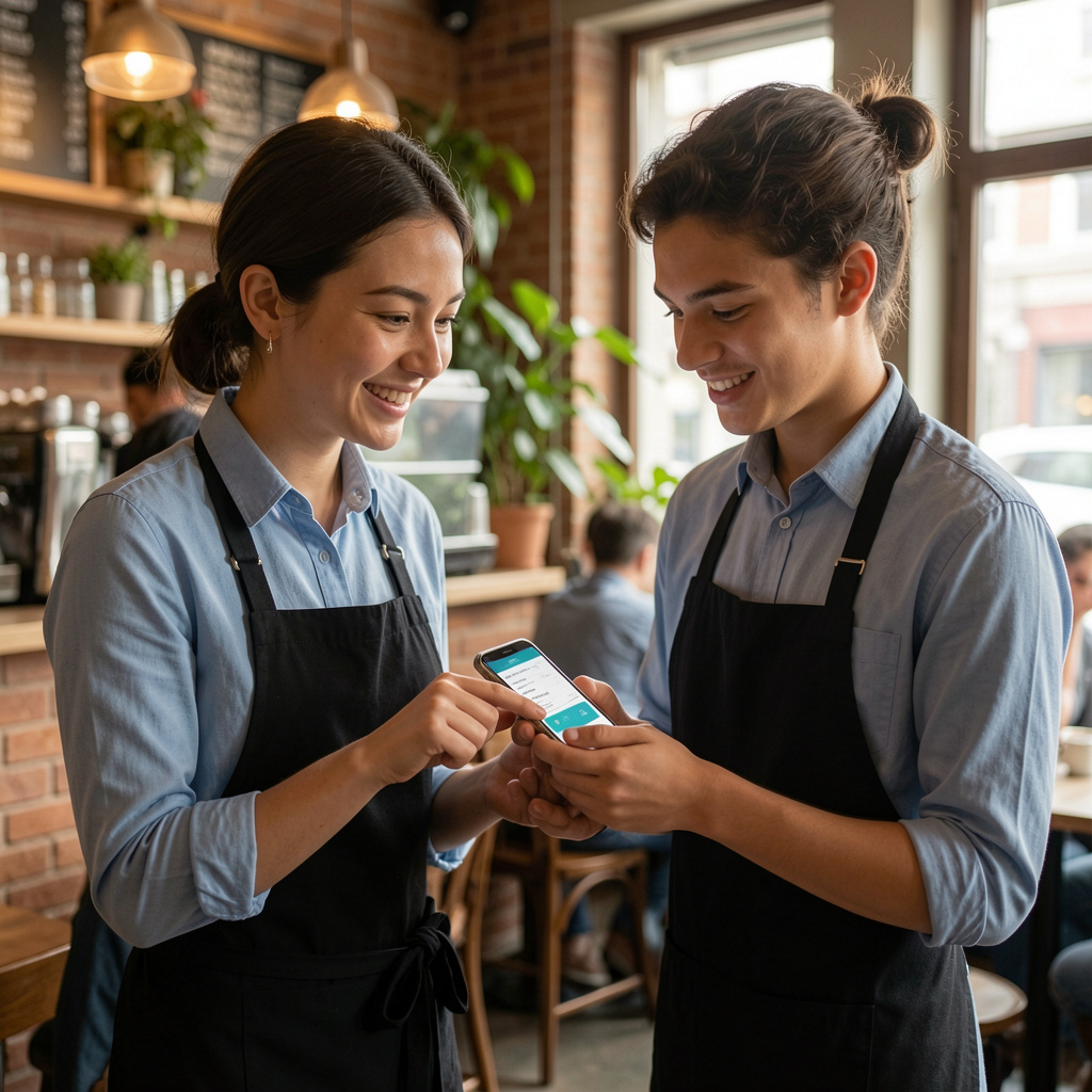 A manager showing a server how to use the menu app
